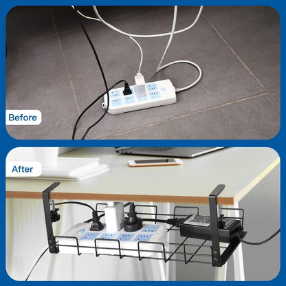 NoDrill 2 Pack 15.7" Under Desk Cable Management Tray, Sturdy Metal Cord Organizer for Office & Home Standing Desk