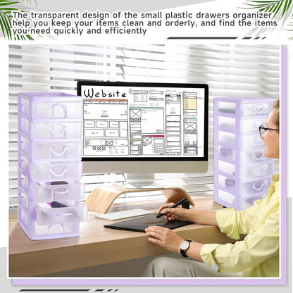 Thyle 2 Pcs Plastic Drawers Organizer Mini Organizer Stackable Plastic Clear Drawer Storage Box Containers Storage Units for Desktop Classroom Craft 6.7 x 4.9 x 13.4 inches(Purple)