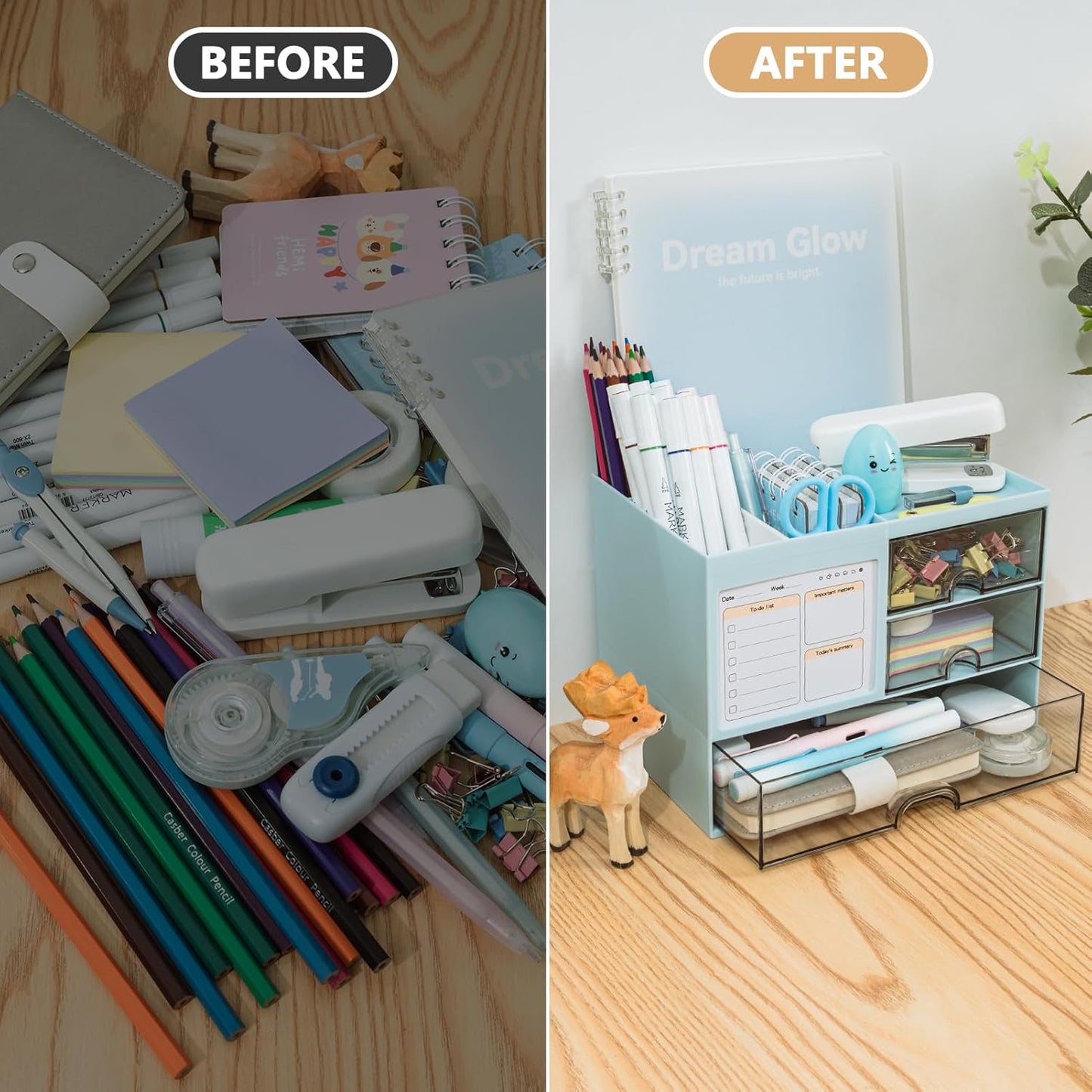 QIYVLOS Desk Organizer with 3 Drawer, Multi-Functional Pencil Pen Holder for Desk, Desk Organizers and Storage with 8 Compartments, Desktop Organizer for Office Home Art Supplies (White)