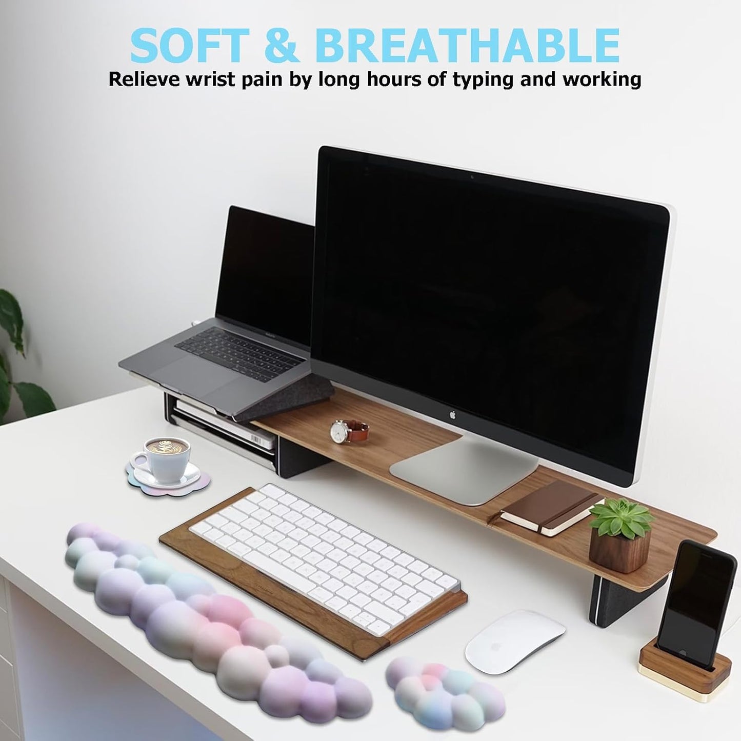 Ergonomic Keyboard Wrist Rest, PU Leather Memory Foam Cloud Wrist Rest for Computer Keyboard, Mouse Wrist Rest and Keyboard Pad for Gaming, Office, Computer, Laptop, Typing Pain Relief, Pastel Pink