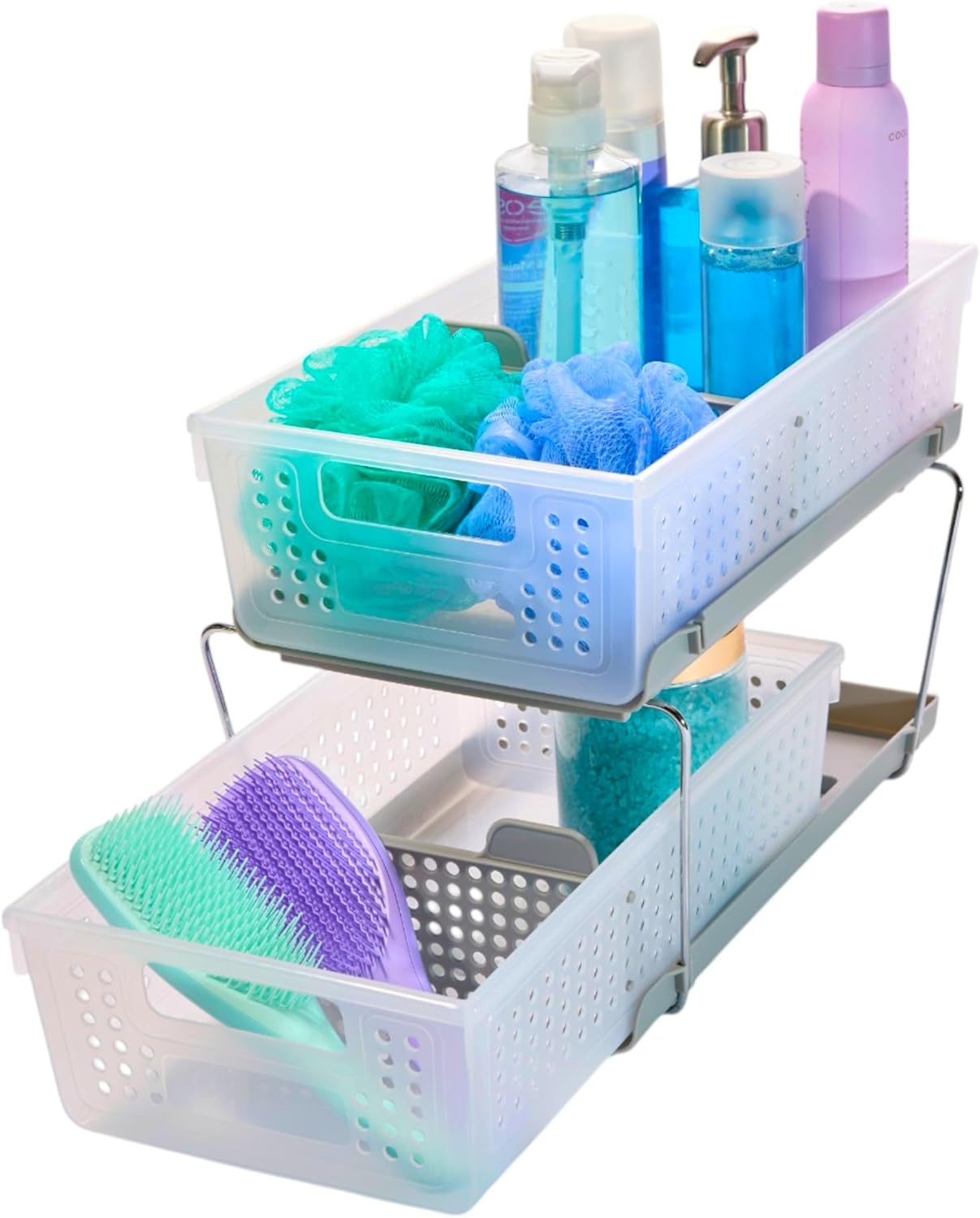 madesmart 2 Tier Bath Organizer, Undersink Storage with Sliding Drawers, for Cleaning Supplies, Pantry, Sponges, Bottles & Kitchen Essentials, Adjustable Dividers & Pull Out Sliding Baskets, Frost