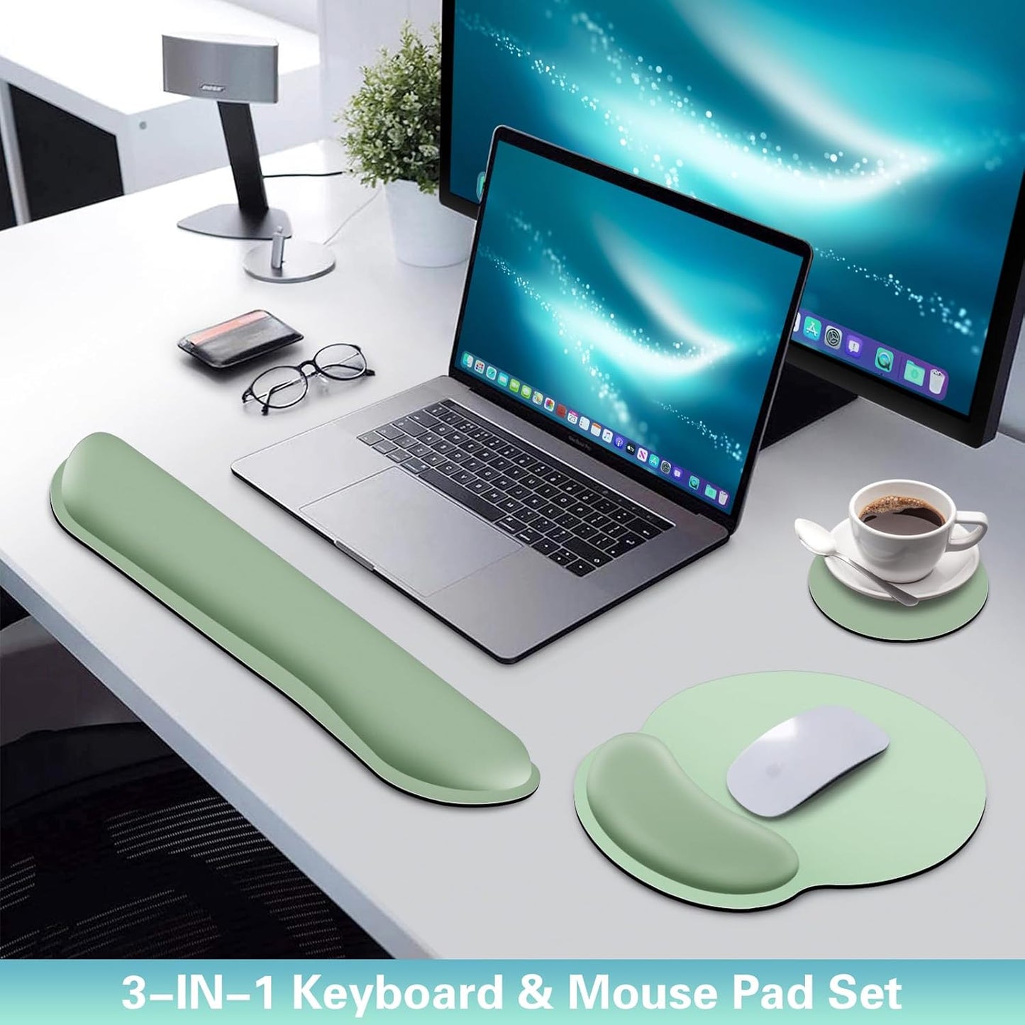 Mouse Pad with Wrist Rest Set, Qomolama 3-in-1 Wrist Support Mouse Pad Set, Floral Gaming Mousepad with Anti-Skid Base,Ergonomic Mouse Pad,Memory Foam Keyboard Gel Wrists Rest