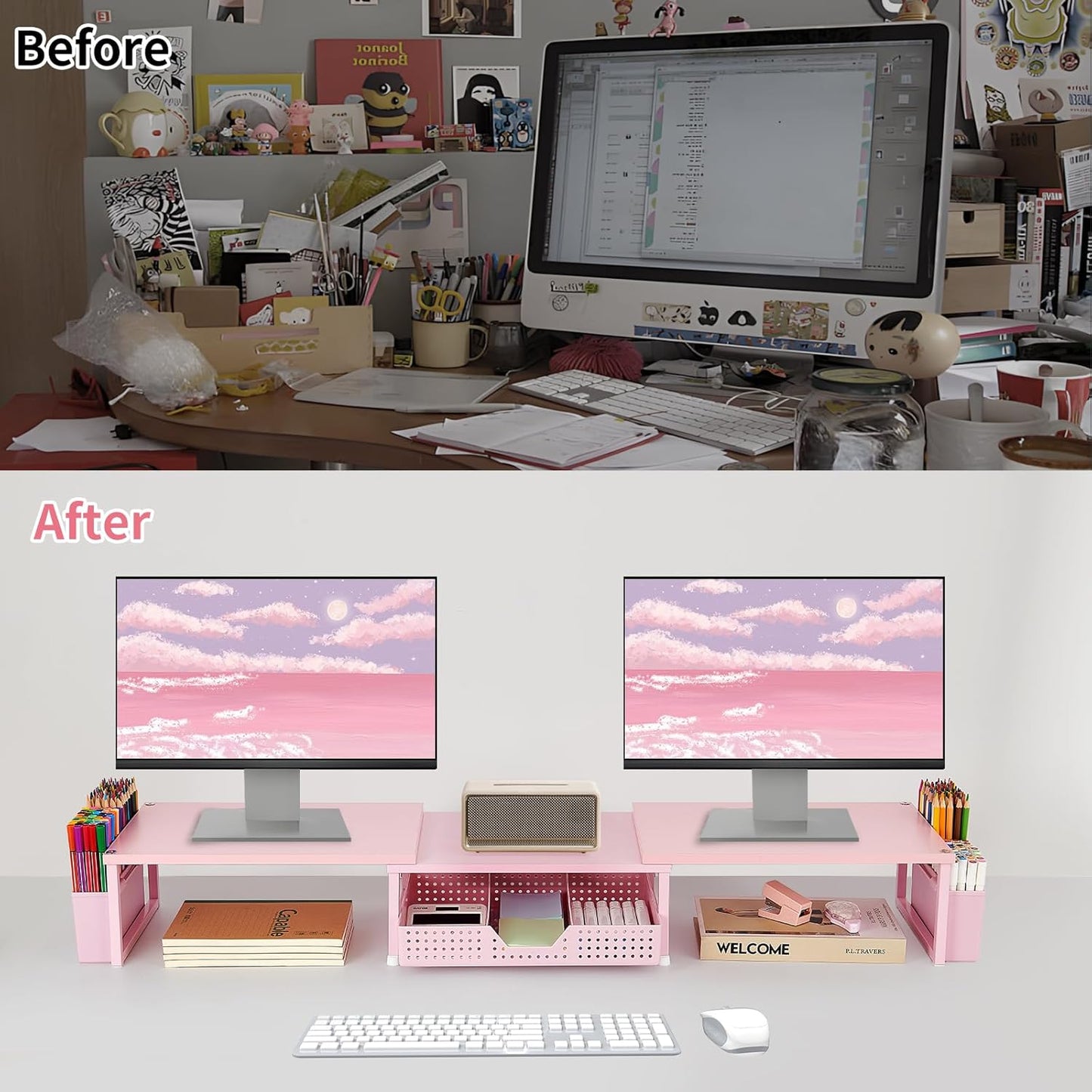 OPNICE Clear Acrylic Desk Organizers and Accessories, Dual Monitor Stand Riser with Drawer, Desk Shelf Computer Racks for Office Workspace Organizers, Desktop Organization (Transparent)