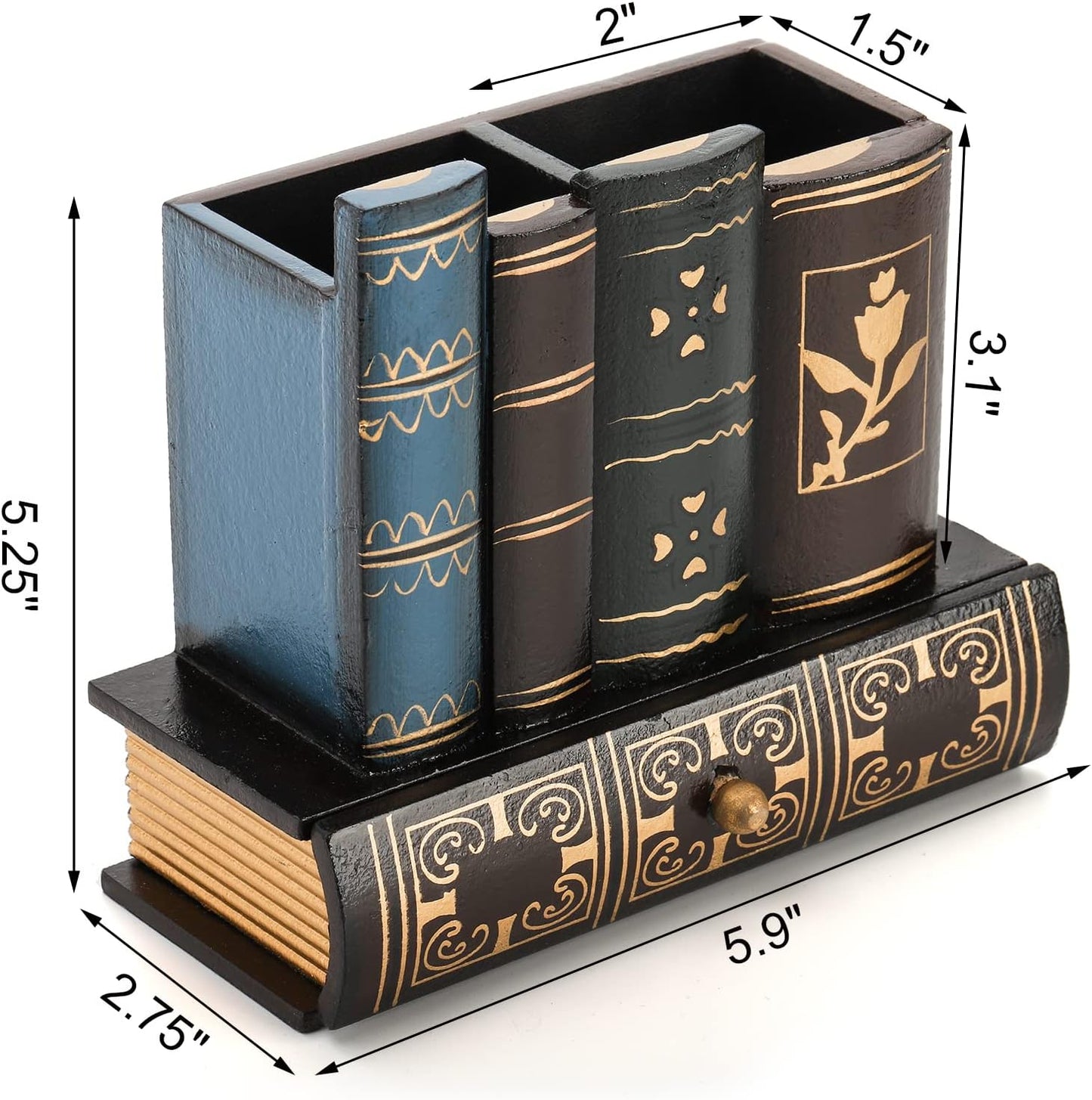 Tosnail Decorative Pen Holder with Storage Drawer, Wooden Pencil Holder Organizer, Antique Library Books Design Pen Cup Caddy, Desk Organizer for Office Supplies, Countertop, Desk, Table Accessory