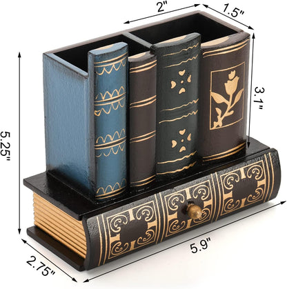 Tosnail Decorative Pen Holder with Storage Drawer, Wooden Pencil Holder Organizer, Antique Library Books Design Pen Cup Caddy, Desk Organizer for Office Supplies, Countertop, Desk, Table Accessory