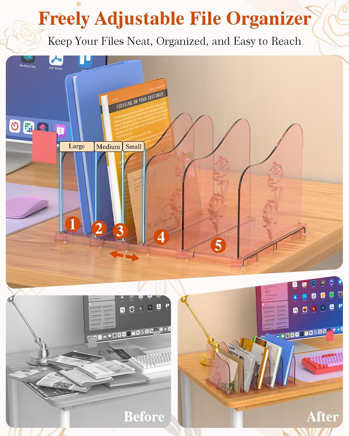 Adjustable Rose File Organizer for Desk, Vertical File Folder Holders for Magazines, Upright Desktop Binder Organizer, Clear Paper Bookshelf Divider File Sorter for School Office Supplies