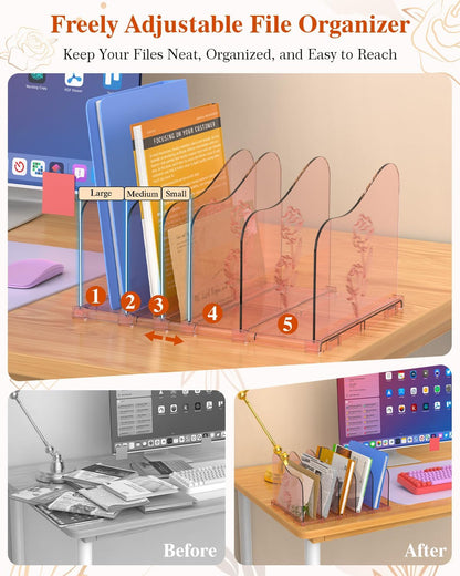 Adjustable Rose File Organizer for Desk, Vertical File Folder Holders for Magazines, Upright Desktop Binder Organizer, Clear Paper Bookshelf Divider File Sorter for School Office Supplies