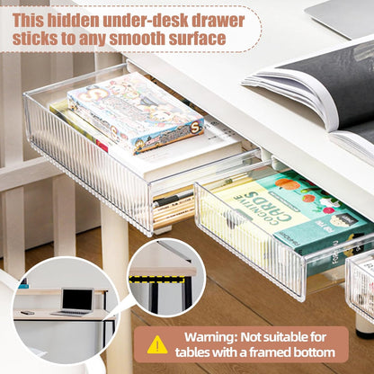 2Pcs Under Desk Storage Drawers Slide Out,Large&Medium, Stick On Desk Drawer Organizer Hidden Under Table Drawer for Home Office School Organization and Storage-Transparent Black
