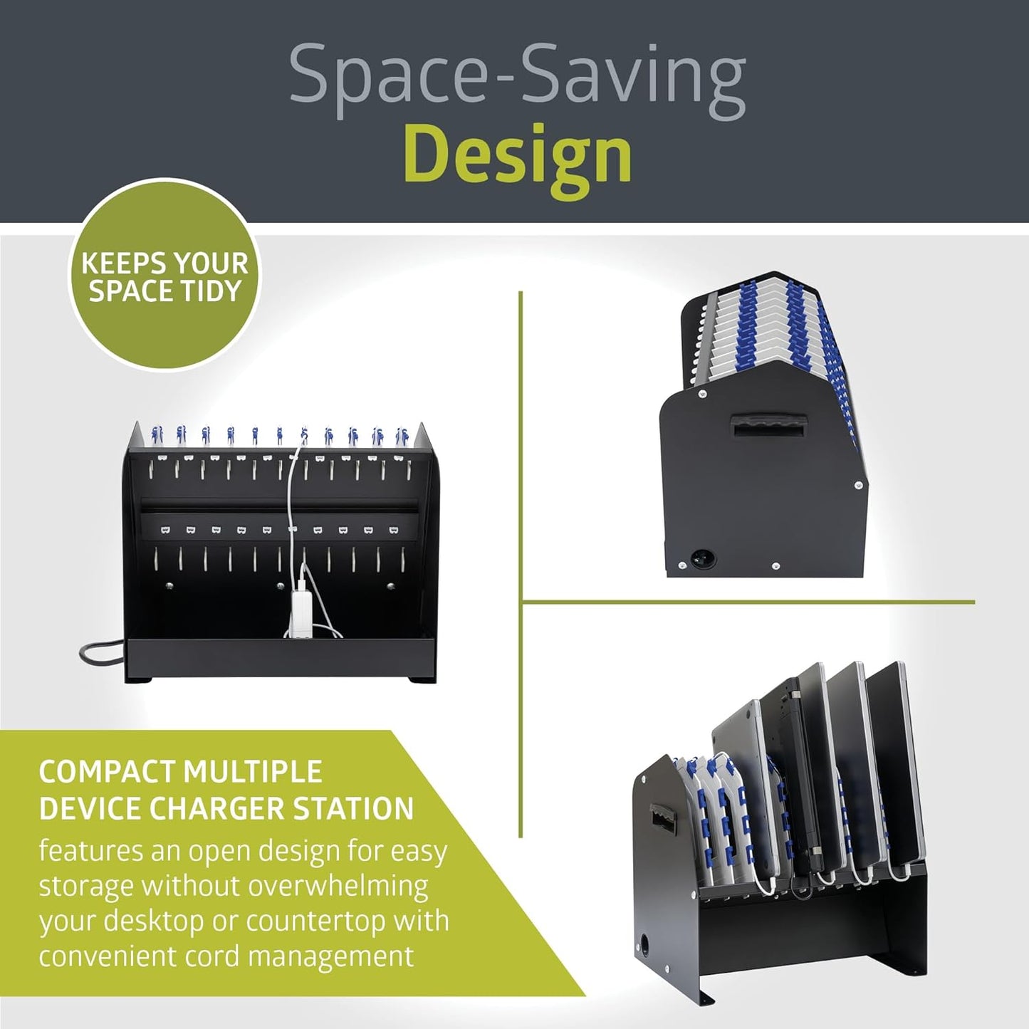 Pearington 10-Device USB Laptop Charging Station for Classroom, Home, or Office, Includes 6 AC Outlets & 4 USB Ports, Store Laptops, Tablets & E-Readers up to 1.4" Thick, 17" x 13" x 16"