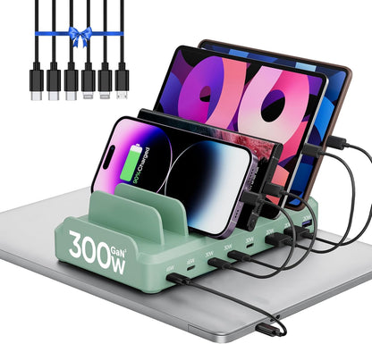 300W Charging Station for Multiple Devices, 8 Port Multi USB C Fast Charger Station Dock for MacBook iPhone 17/16/15/14/13/12 Samsung Pixel Series iPad, Black (6 Mixed Short Cables Included)
