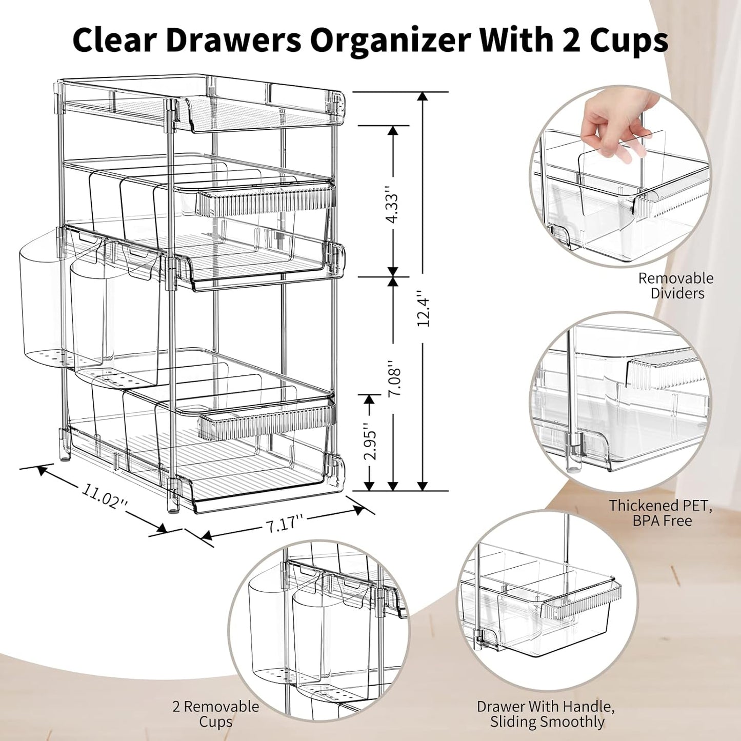 Clear Bathroom Organizers 2 Sets 3 Tier, Pull Out Organizer and Storage with 2 Cups, Slide Out Drawer Storage Container with 6 Dividers, Multi-Purpose Bathroom Organizer, Kitchen Under Sink Organizer