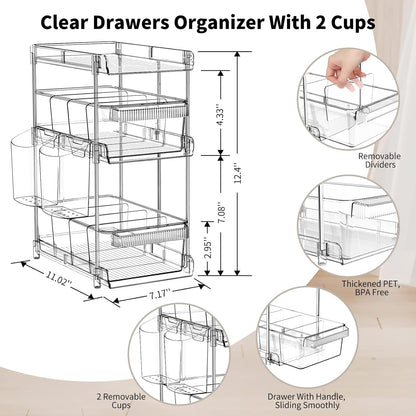 Clear Bathroom Organizers 2 Sets 3 Tier, Pull Out Organizer and Storage with 2 Cups, Slide Out Drawer Storage Container with 6 Dividers, Multi-Purpose Bathroom Organizer, Kitchen Under Sink Organizer