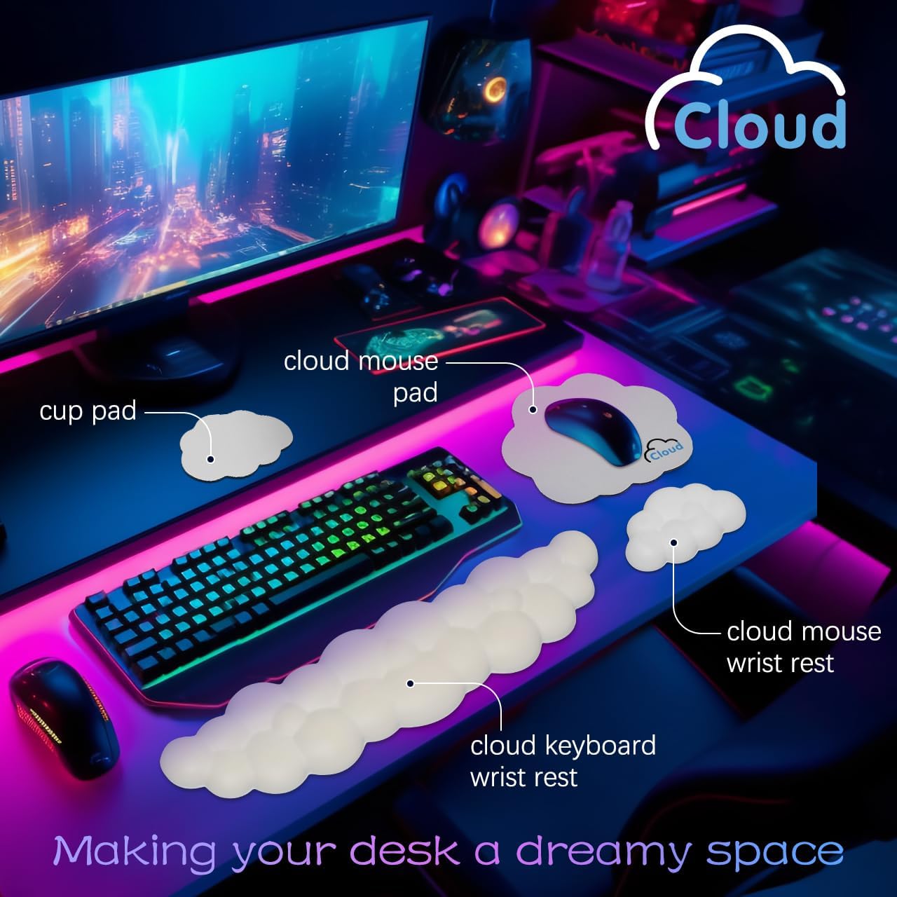Cloud Wrist Rest Keyboard Palm Rest with Non-Slip Base for Computer Gaming Wrist Rest, YAMJUG Cloud Arm Rest Keyboard Wrist Pad Rainbow