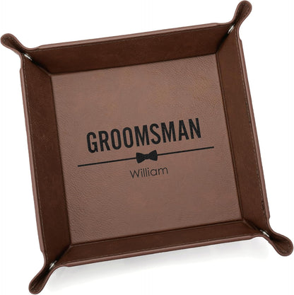 Lifetime Creations Monogrammed Valet Tray for Men (Brown) - Personalized Vegan Leather Catch All, Nightstand Desktop Desk Organizer for Coins, Keys, Watch