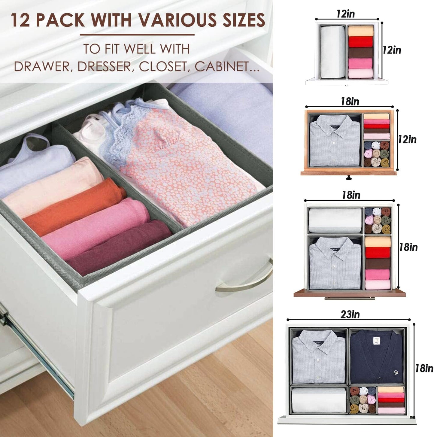 Criusia Foldable Underwear Drawer Organizer, Closet Dividers, Storage Box for Clothes, Socks (6 Bins, Gray)