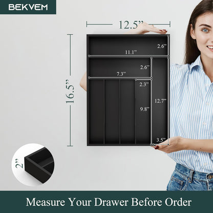 Small Silverware Organizer, Bamboo Kitchen Drawer Organizer, Utensil Holder, Cutlery Tray & Spoon Flatware Storage with Grooved Drawer Dividers (6.7''W x 12''D)