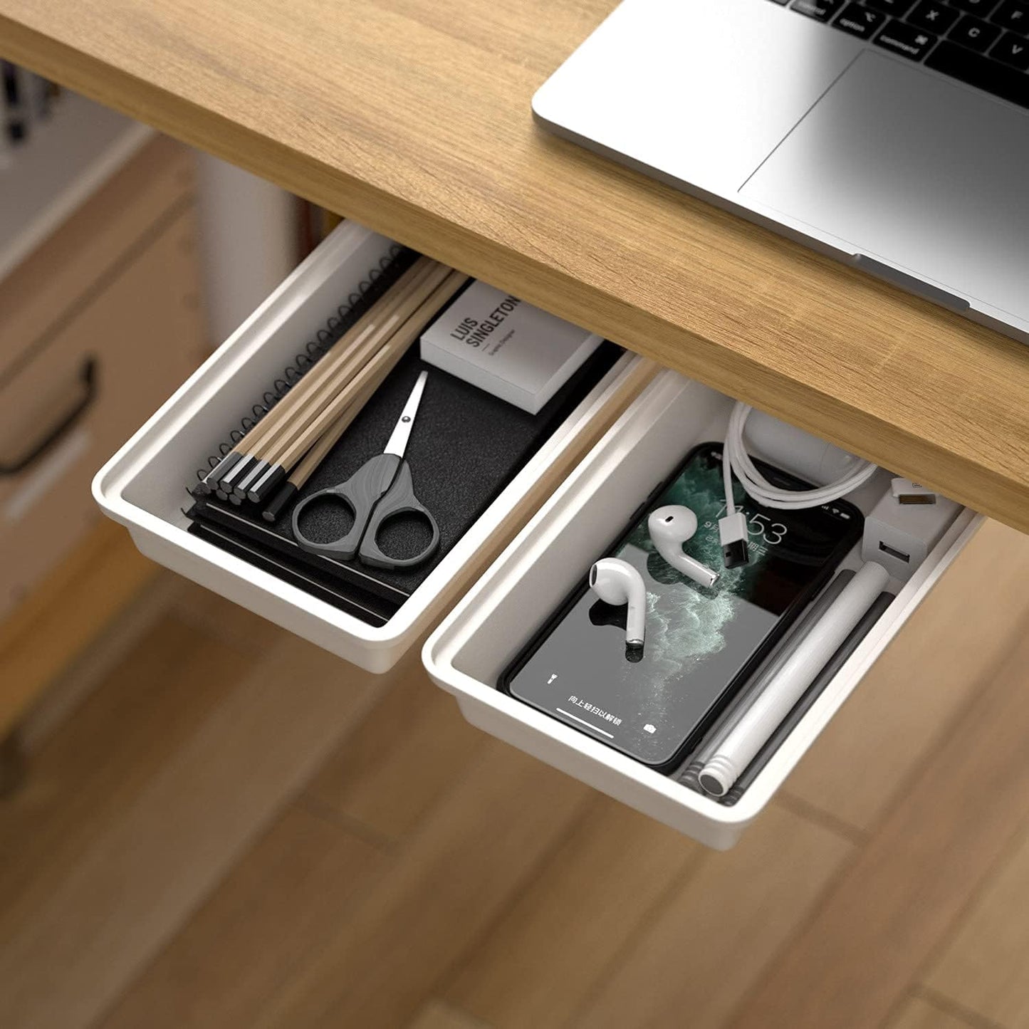 SVNNELP Large Under Desk Table Drawer Storage Organizer A4, Hidden Self-Adhesive Under Desk Pencil Tray Drawer for Office (Clear Black/L)