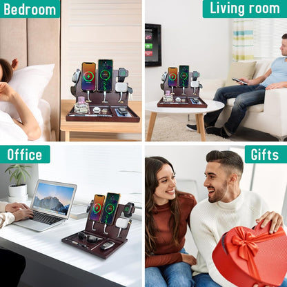 Wood Phone Docking Station with Drawer Nightstand Organizer for Men Dual Phone Charging Station for iPhone Samsung Google Desk Organizers Anniversary Birthday Gifts for Men Dad Him Husband