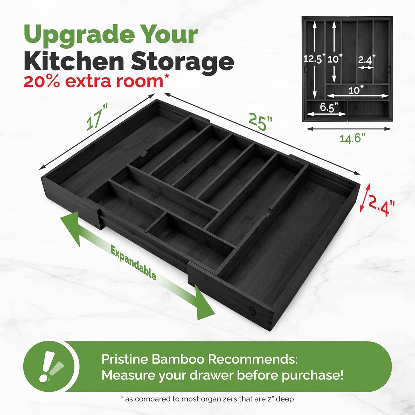 Pristine Bamboo Expandable Drawer Organizers for Kitchen - Extra Deep Non-Slip 17” x 14.6” (expands up to 25 inches) - Dark Wooden Silverware Divider (10 Compartments) – Organize Cooking Utensils