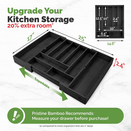 Pristine Bamboo Expandable Drawer Organizers for Kitchen - Extra Deep Non-Slip 17” x 14.6” (expands up to 25 inches) - Dark Wooden Silverware Divider (10 Compartments) – Organize Cooking Utensils