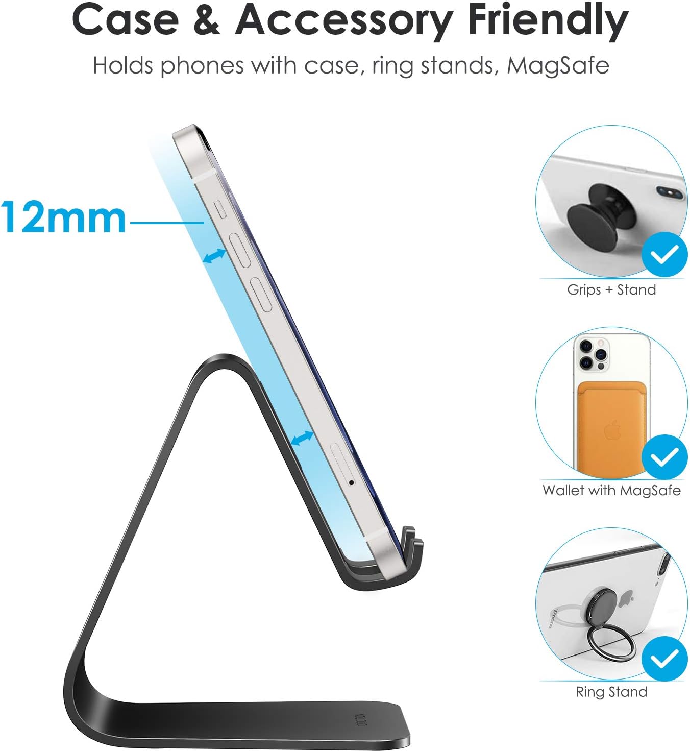OMOTON Upgraded Aluminum Cell Phone Stand for Desk, C1 Durable Cellphone Dock with Protective Pads, Smart Stand Designed for iPhone17, 16/15/14/13 Pro Max Air, iPad mini, Android Phones,Rose Gold