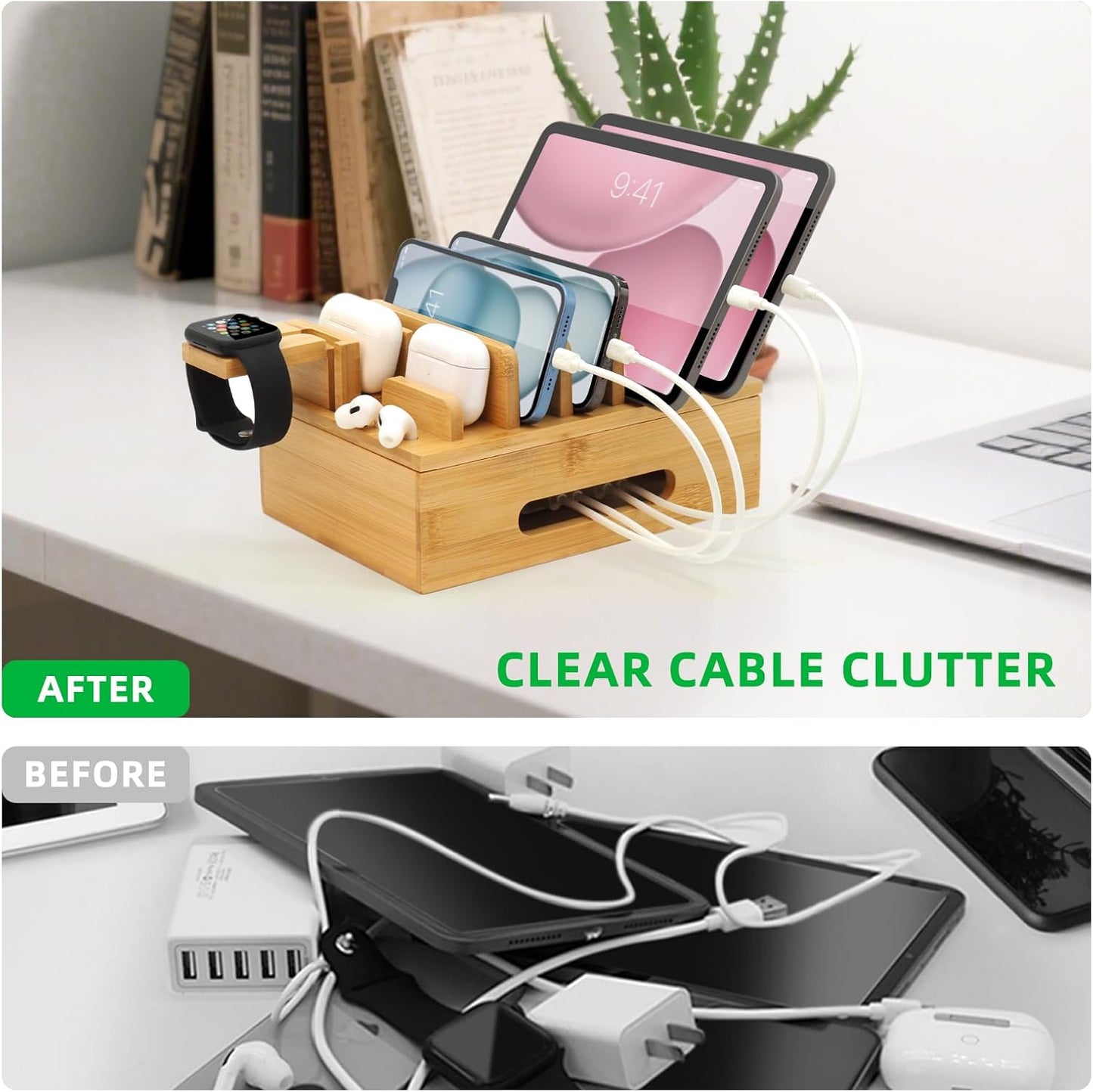 Bamboo Charging Station with Watch Stand, Desktop Charging Station Organizer, Wood Docking Station for Phones, Tablets, Watch, Earbuds (No Power Supply)