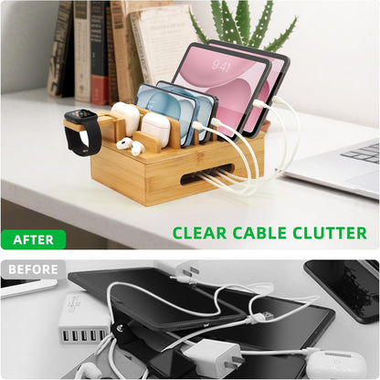 Bamboo Charging Station with Watch Stand, Desktop Charging Station Organizer, Wood Docking Station for Phones, Tablets, Watch, Earbuds (No Power Supply)