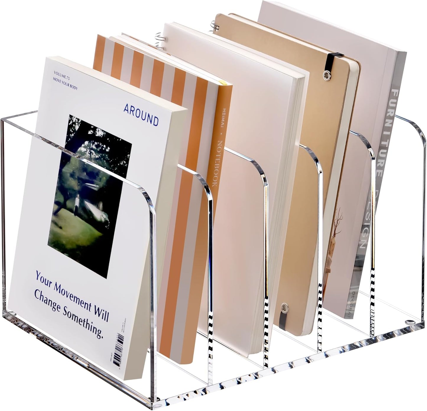YUXUN Acrylic Magazine Holder,Clear Desk Organizer File Sorter for Notebook,Paper,Envelope,Magazine, Book Storage-Office/Home/Classroom Organization(4 Compartments,B5)