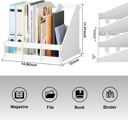 Bamboo Desktop Magazine Holder Desk File Organizer 3 Compartments Vertical File Dividers Book Holder Frames Document Cabinet Rack Storage Organizer Box for Home Office School Black (Black)