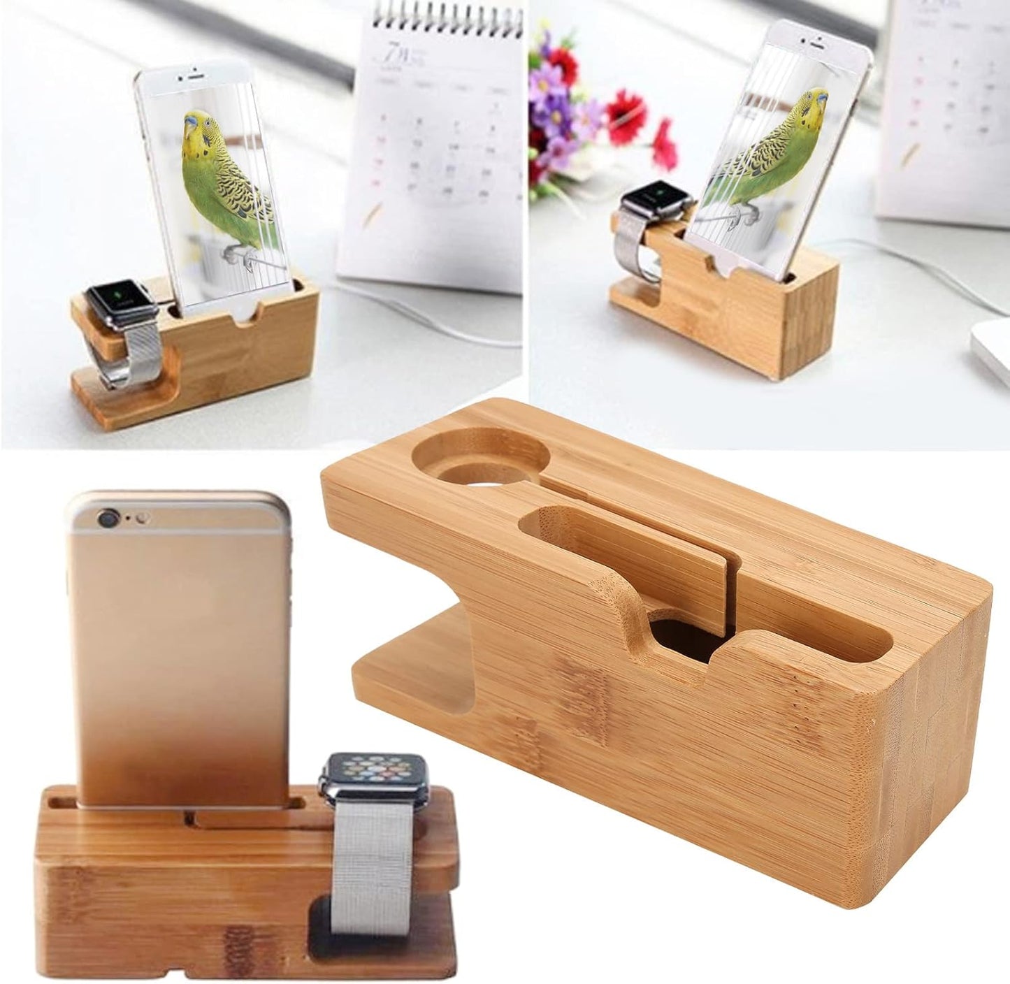 Pssopp Bamboo Charging Station, Wooden Charging Station Desktop Docking Station Organizer for Cellphone Smart Watch Tablet Charging Cables