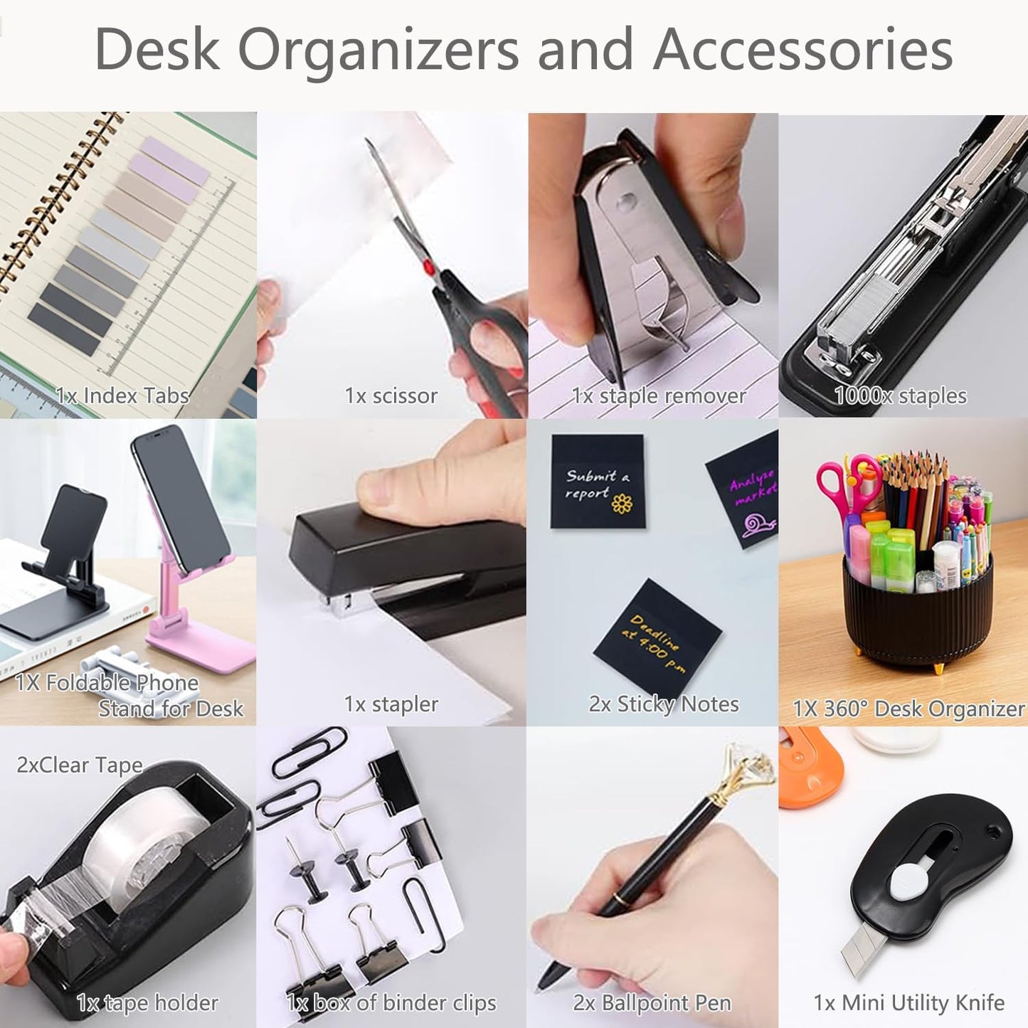 suniya Office Supplies,Gold Desk Accessories,with Stapler,Tape Dispenser,Pen Holder,Scissors,Phone Stand,Staple Remover,Ballpoint Pen,Clear Tape, Staples,Ruler,Clips,Best Gift for Business or Boss