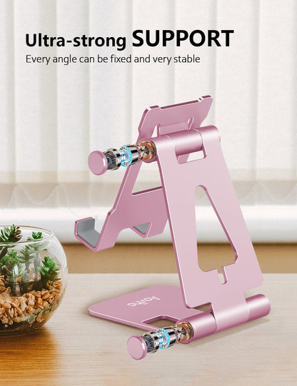 Aoviho Cell Phone Stand for Desk, Adjustable Desktop Phone Holder Stand, Foldable Moblie Phone Dock for iPhone17 16 15 14 13 12 11 Pro Xs Max Xr X 8 7 6 5 5s SE Nintendo Switch All Phones, Pink
