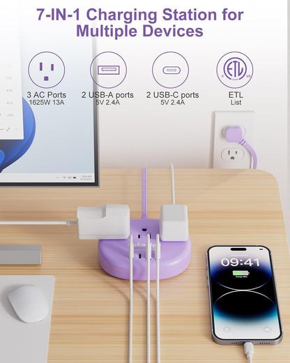 Pink Extension Cord with Surge Protected 1080J - 5 FT Kawaii Power Strip, 1625W Cute Extension Cord with 3 AC Outlet 4 USB (24W/4.8A), Compact for Cute Pink Kawaii Desk Home Essentials