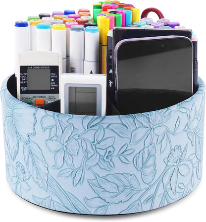 Hennaja Round Leather Art Supply Organizer,Remote Control Holder,360 Degree Rotating,Multi-Functional Pencil Holder,4 Compartments Desktop Stationary Organizer(1-Blue Bird) - Colors C