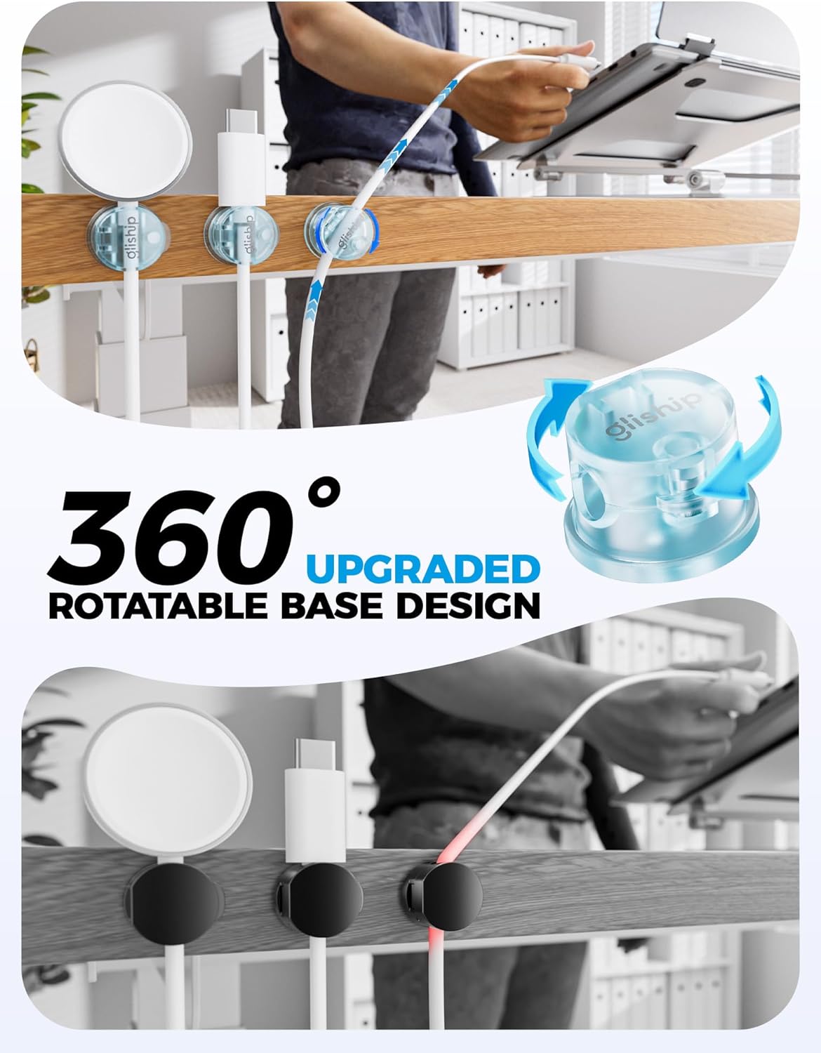 9 Pack Magnetic Cable Clips - gliship [Upgraded 360° Rotatable] Cord Organizer, Strong Magnetic Cord Holder, Adhesive Wire Keeper, Phone Cord Holder, Nightstand Wire Keeper Desk Decor, Tidy Helper