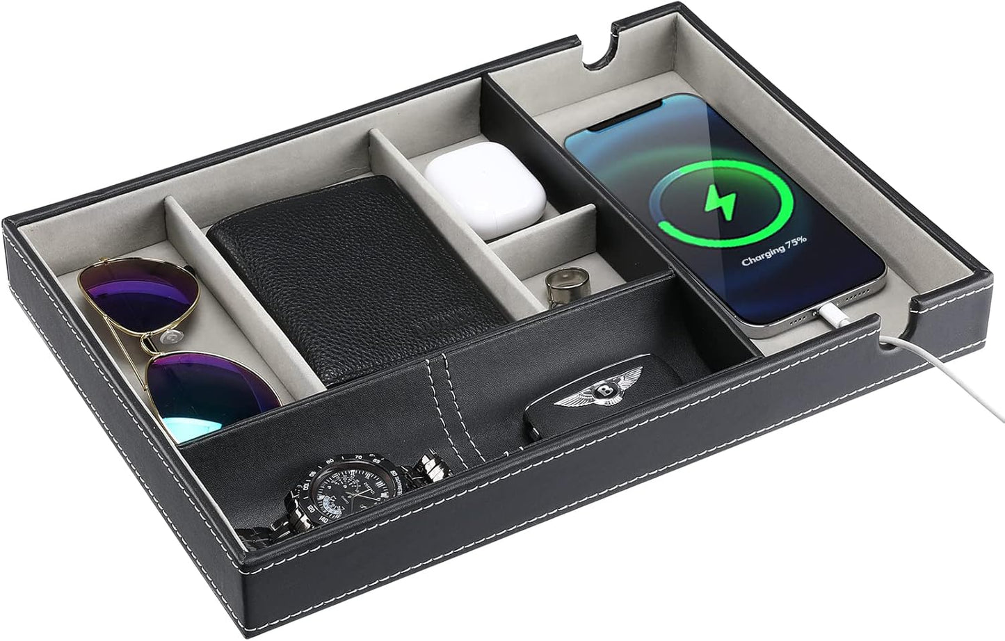ProCase 1 Layer Valet Tray for Men, PU Leather Nightstand Organizer with Charging Slot for Bedside Table Desk Top -Black