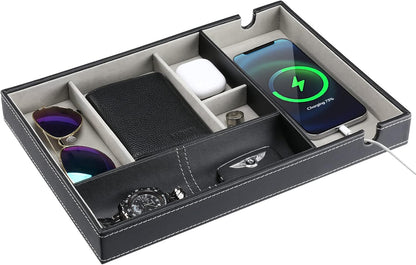 ProCase 1 Layer Valet Tray for Men, PU Leather Nightstand Organizer with Charging Slot for Bedside Table Desk Top -Black