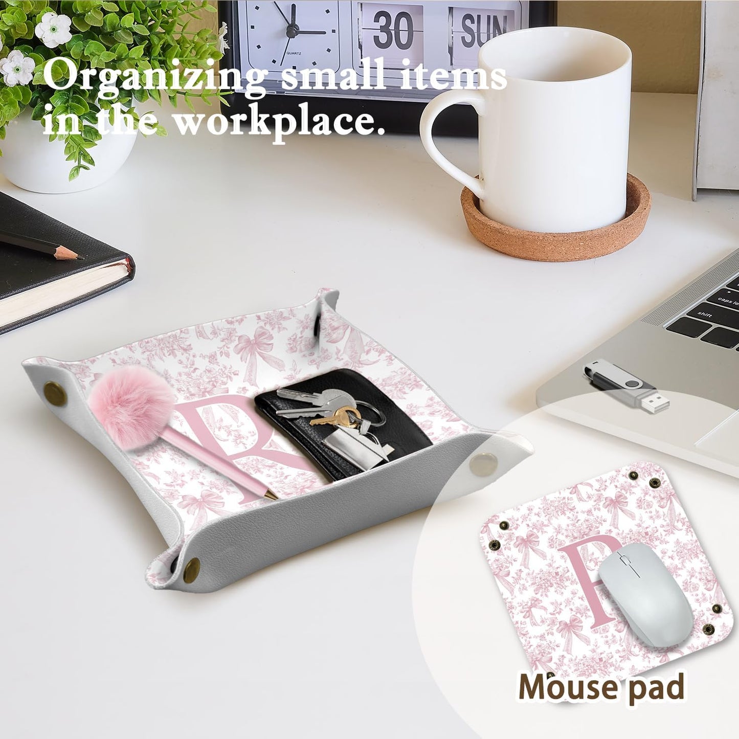 Gifts for Mom Initial Valet Tray,Pink Personalized Gifts for Women Mom Grandma Girlfriend,Nightstand Desk Accessories PU Leather Tray Organizer for Birthday Christmas Gift Ideas (B)
