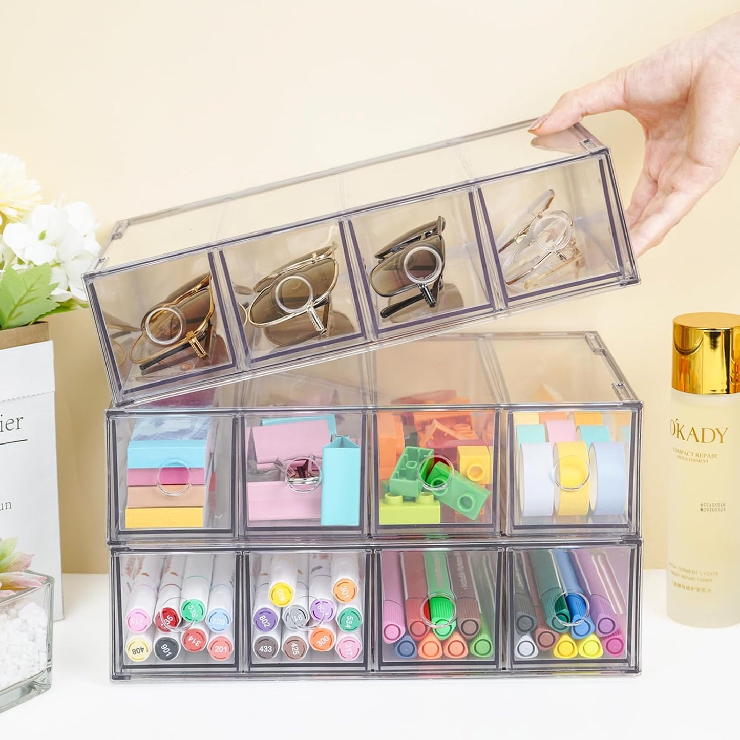 Desk Organizer with 4 Drawers, FODIENS Stackable Desktop Storage Box with Removable Drawer, Clear Sunglasses Organizer Display Case for Stationery Marker Pens Eyeglasses Office Supply