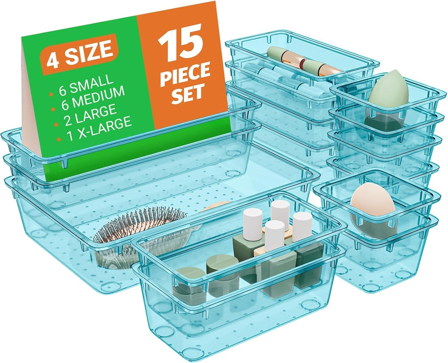 SpaceHacks 15 PCS Clear Plastic Drawer Organizer Set, 4-Size Acrylic Drawer Storage Trays, Storage Bins for Makeup, Gadgets, and Jewelry in Bathroom, Bedroom and Office, Clear Black