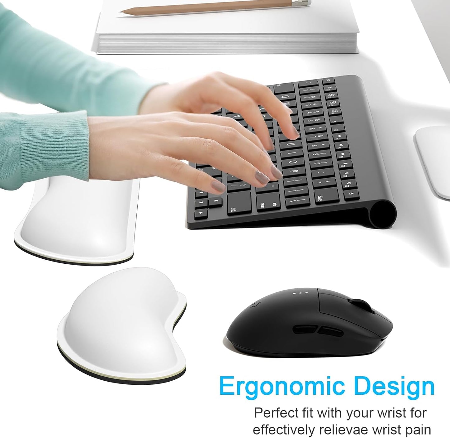Dapesuom Keyboard Wrist Rest Set, Cute PU Leather Wrist Cushion for Computer Keyboard and Mousepad, Memory Foam Mouse Pad Rests Support with Non-Slip Base for Typing Pain Relief Laptop, Colonial White