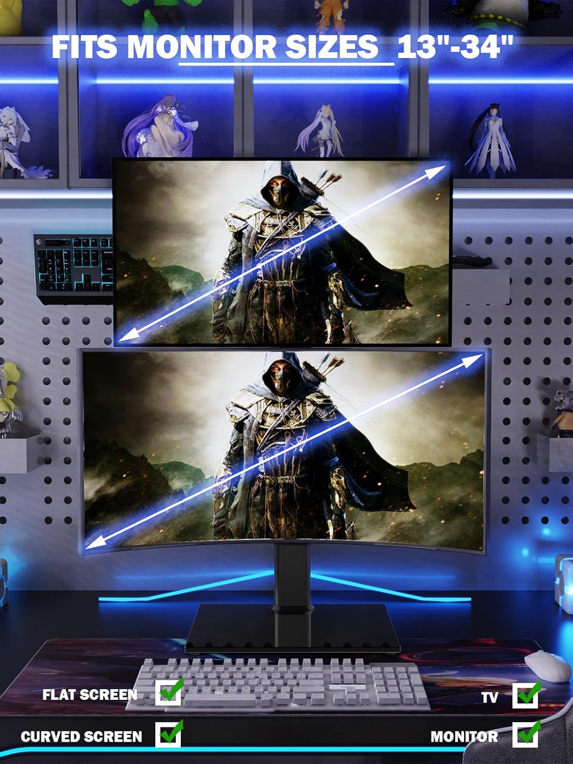 Dual Monitor Stand - Vertical Stack Screen Free-Standing Monitor Riser Fits Two 13 to 34 Inch Screen with Swivel, Tilt, Height Adjustable, Holds One (1) Screen up to 44Lbs HT05W-002 White