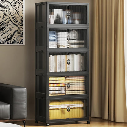 SAILUN 145Gal/580Qt Collapsible & Stackable Storage Bins with Door & a Lid,Perfect for Blanket Storage, Pillow Organizer, Bedroom Closet & Living Room, Black 26" W x 17" D x 71" H