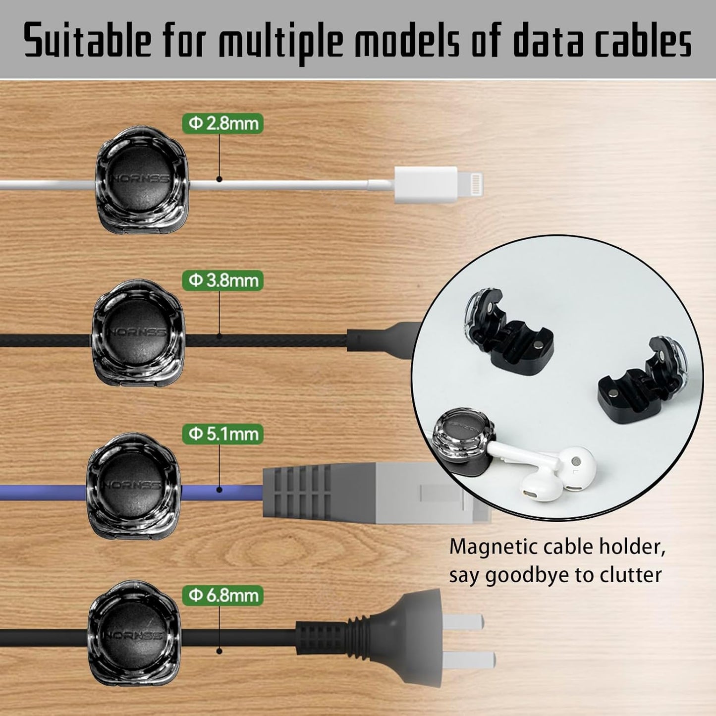 Magnetic Cable Organizer Set, 8 Pcs Easy Adhesion Desk & Wall Mount Holders for Mobile Phones and USB Cables, Perfect for Office, Kitchen, Car, and Bedside Use (Black)