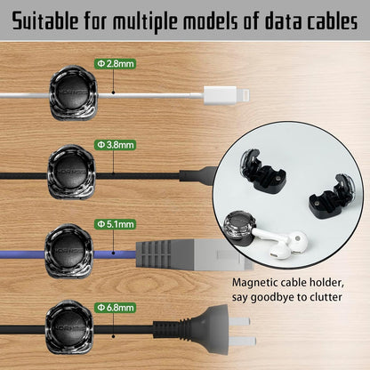 Magnetic Cable Organizer Set, 8 Pcs Easy Adhesion Desk & Wall Mount Holders for Mobile Phones and USB Cables, Perfect for Office, Kitchen, Car, and Bedside Use (Black)
