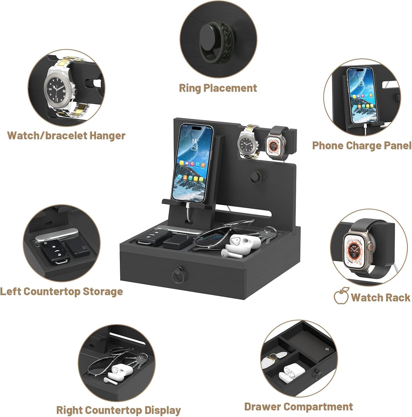 Wood Phone Docking Station with USB Ports and Outlets, Nightstand Organizer with Charging Station, Bedside Organizer with Drawer for Watch & Accessories, Christmas Anniversary Birthday Gifts for Men