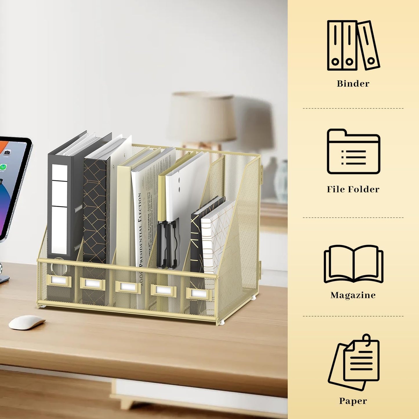 SUPEASY Desk Organizers Metal Desk Magazine File Holder with 5 Vertical Compartments Rack File Organizer for Office Desktop, Classroom, Home Workspace, Black