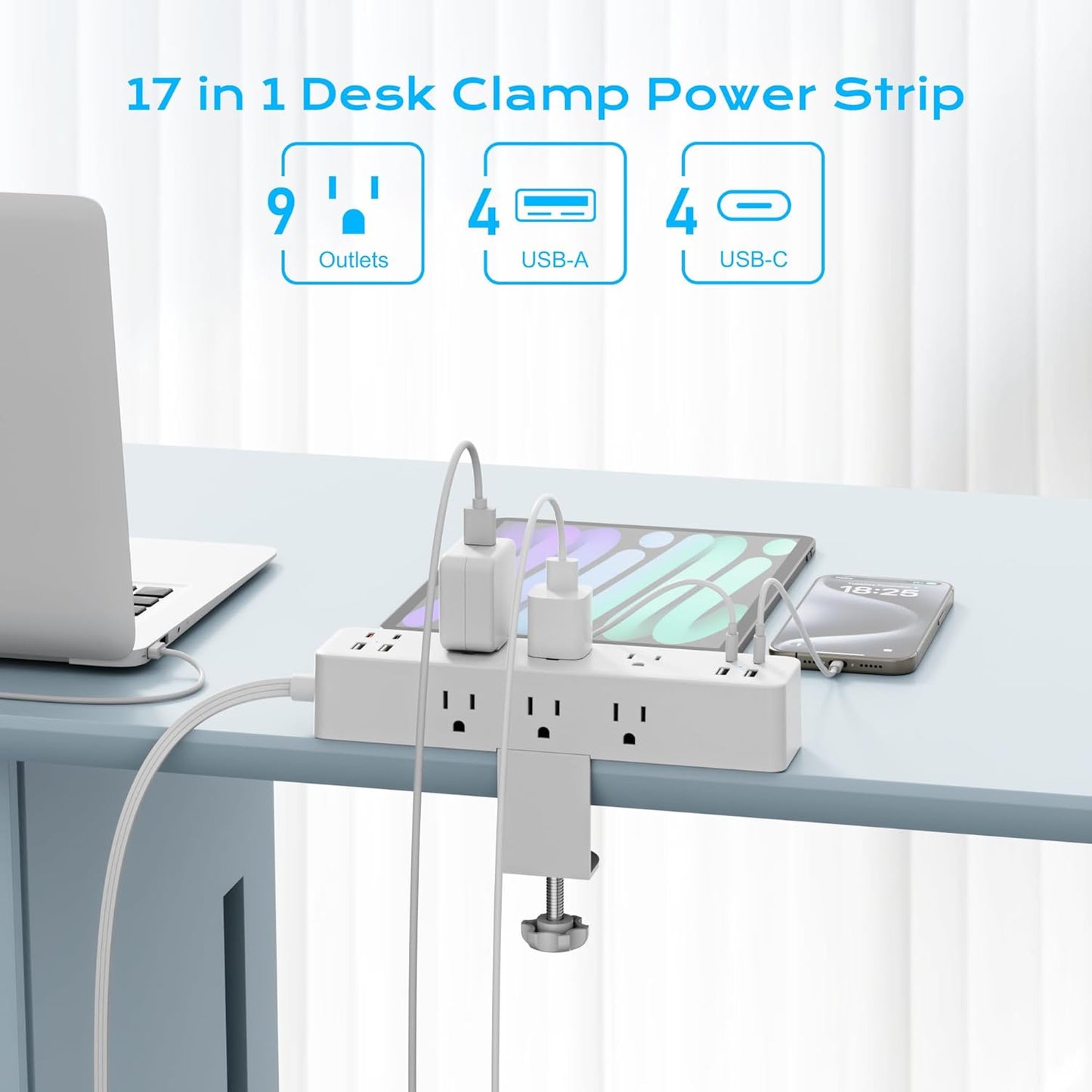Flat Plug Desk Clamp Power Strip 10FT, 40W Total Fast Charging Station, Dual PD 20W USB C Ports, Desk Edge Mount Power Strip 9 AC Outlets 8 USB Ports(4 USB C) Surge Protector, Fit 1.7" Tabletop Edge