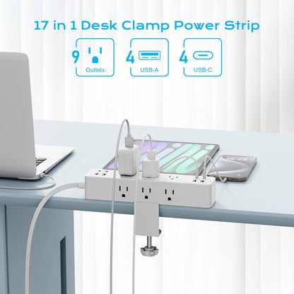 Flat Plug Desk Clamp Power Strip 10FT, 40W Total Fast Charging Station, Dual PD 20W USB C Ports, Desk Edge Mount Power Strip 9 AC Outlets 8 USB Ports(4 USB C) Surge Protector, Fit 1.7" Tabletop Edge