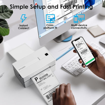 KNAON Bluetooth Thermal Shipping Label Printer, 4x6 Portable Thermal Address Label Printer for Small Business, Compatible with iPhone,Android,Windows,Mac–Works with Etsy Shopify USPS&More, White